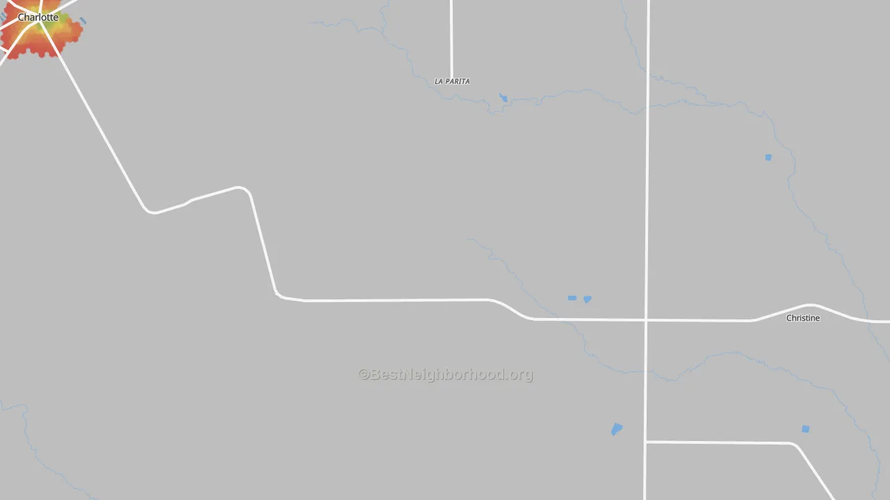 Walk Grade map of Hindes, TX, walkable areas in green and car-dependent areas in red