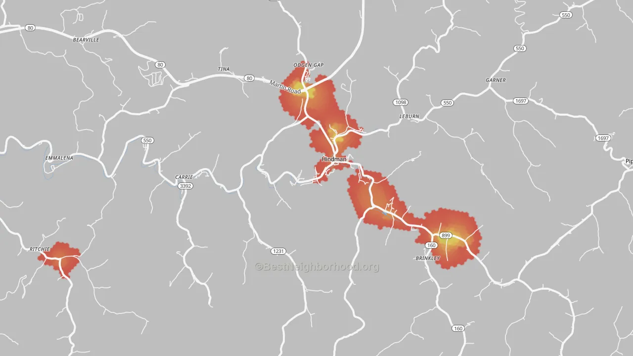 Walk Grade map of Hindman, KY, walkable areas in green and car-dependent areas in red