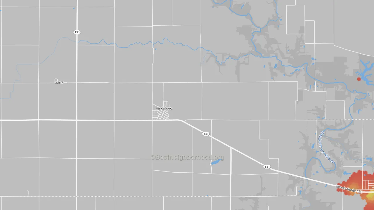 Walk Grade map of Hindsboro, IL, walkable areas in green and car-dependent areas in red