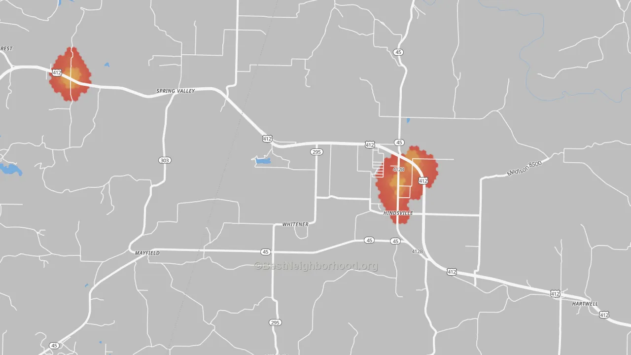 Walk Grade map of Hindsville, AR, walkable areas in green and car-dependent areas in red