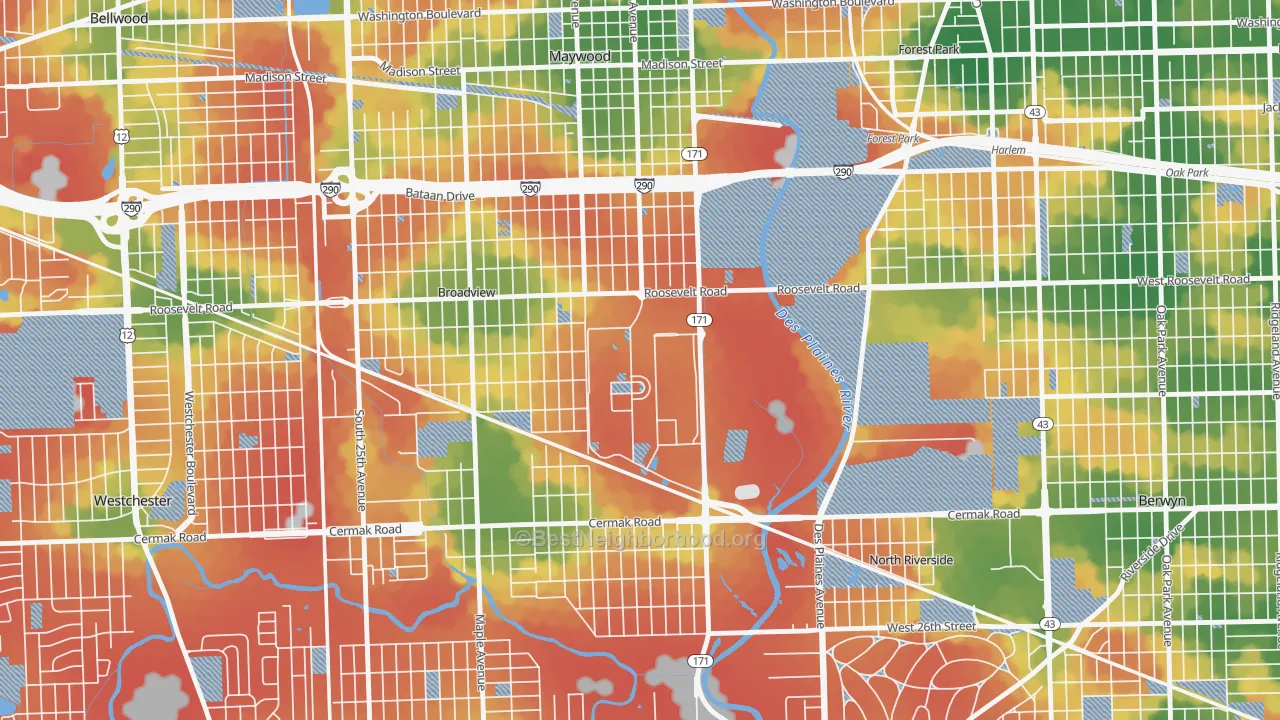 Walk Grade map of Hines, IL, walkable areas in green and car-dependent areas in red