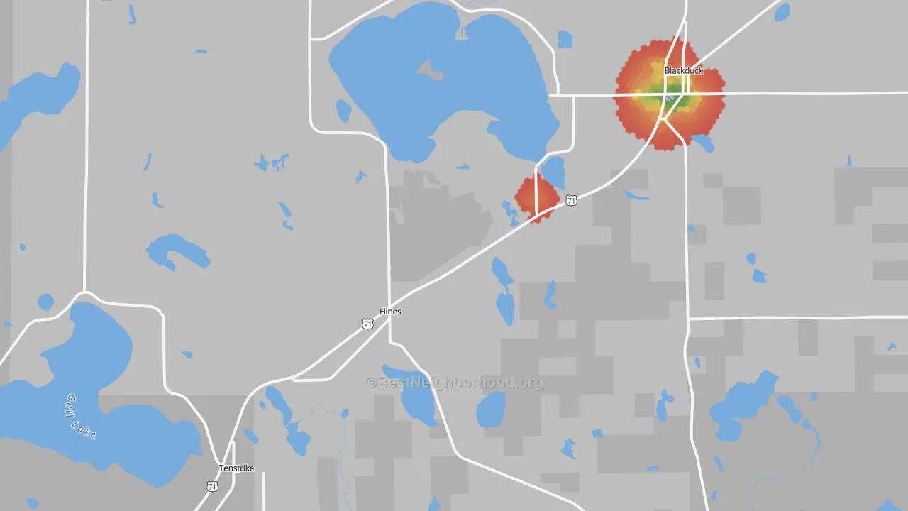 Walk Grade map of Hines, MN, walkable areas in green and car-dependent areas in red