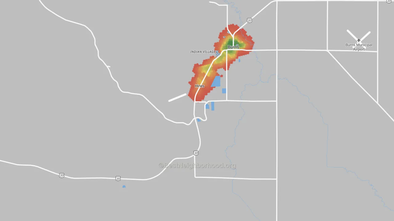 Walk Grade map of Hines, OR, walkable areas in green and car-dependent areas in red