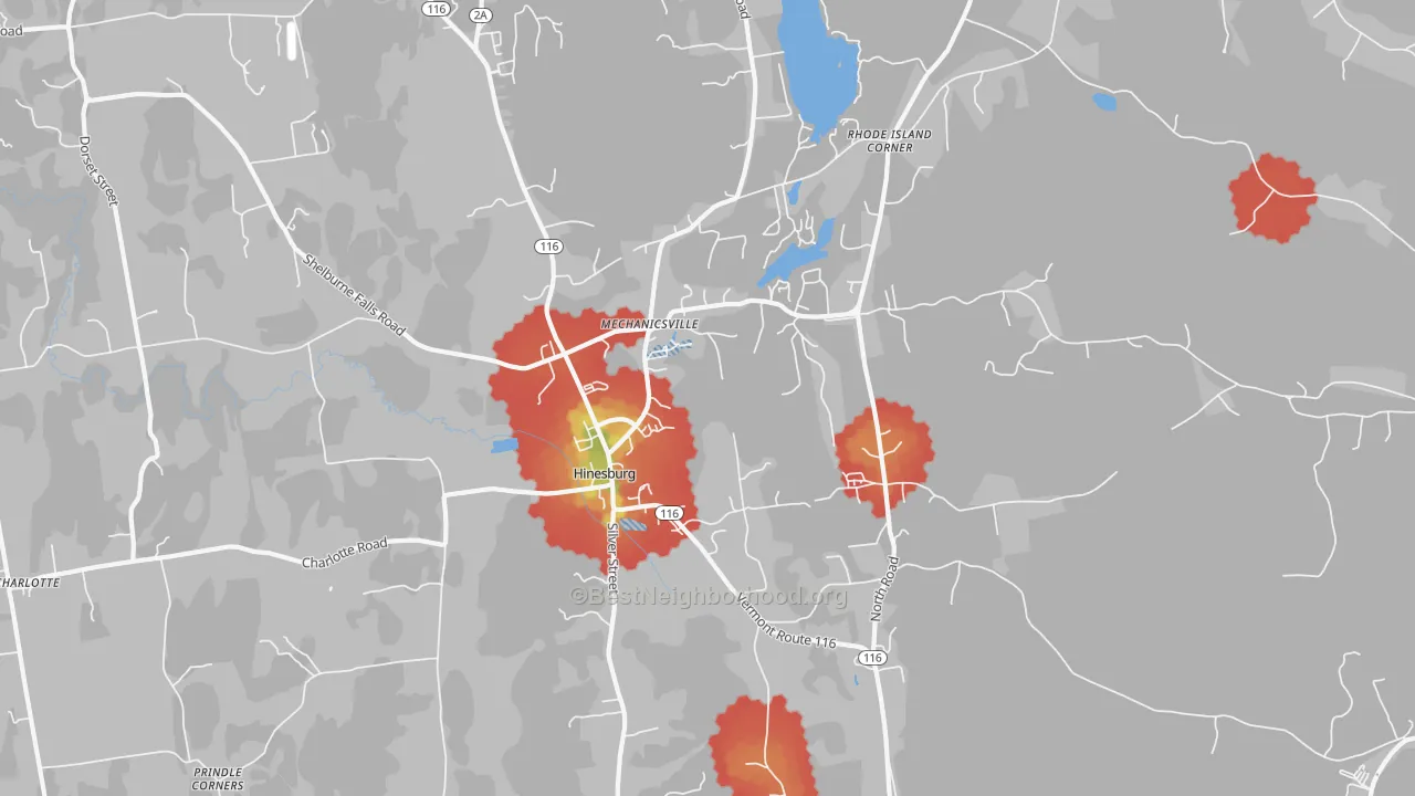 Walk Grade map of Hinesburg, VT, walkable areas in green and car-dependent areas in red