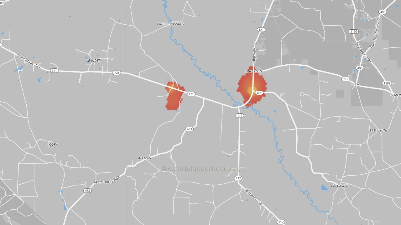 Walk Grade map of Hineston, LA, walkable areas in green and car-dependent areas in red