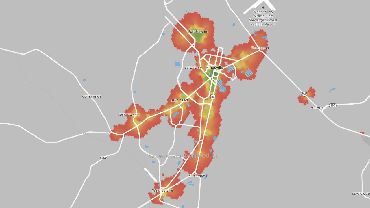 Walk Grade map of Hinesville, GA, walkable areas in green and car-dependent areas in red