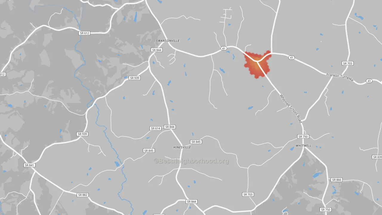 Walk Grade map of Hinesville, VA, walkable areas in green and car-dependent areas in red