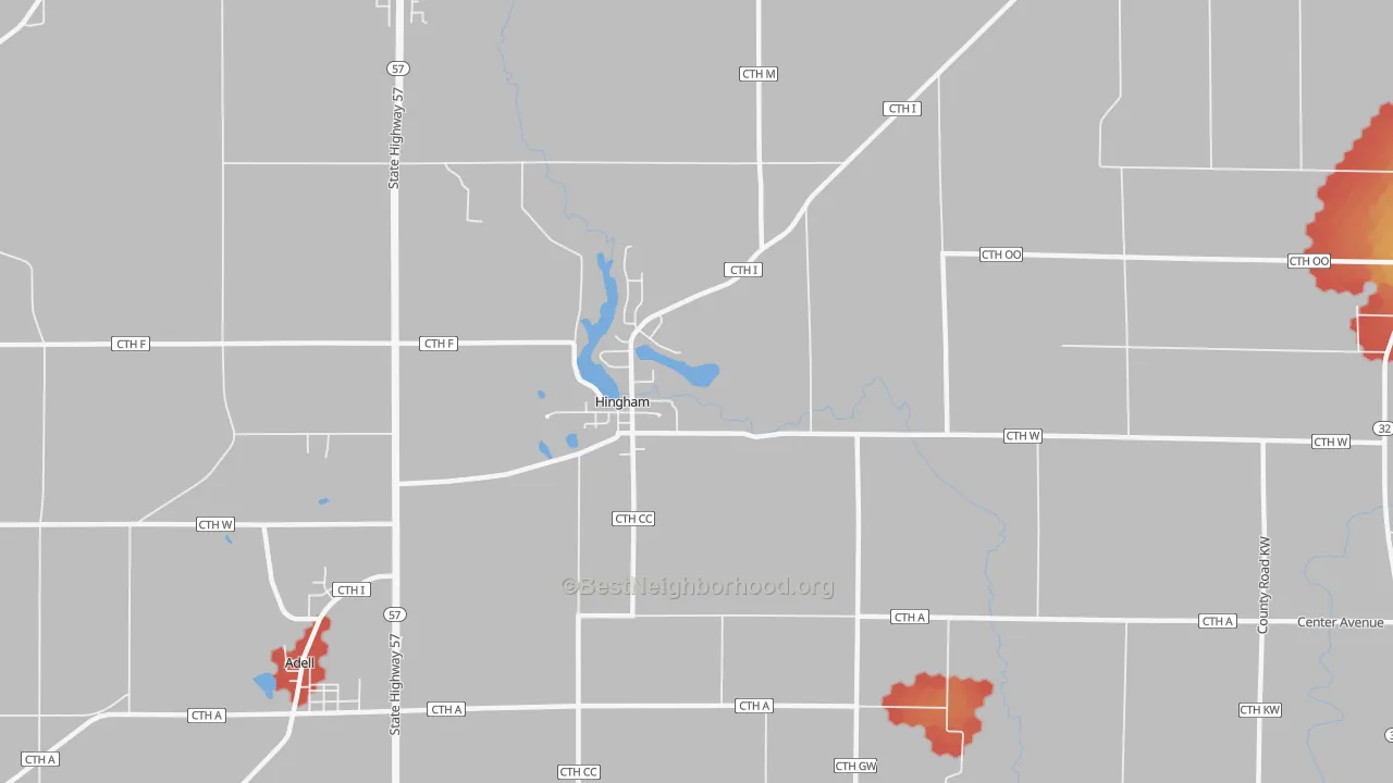 Walk Grade map of Hingham, WI, walkable areas in green and car-dependent areas in red