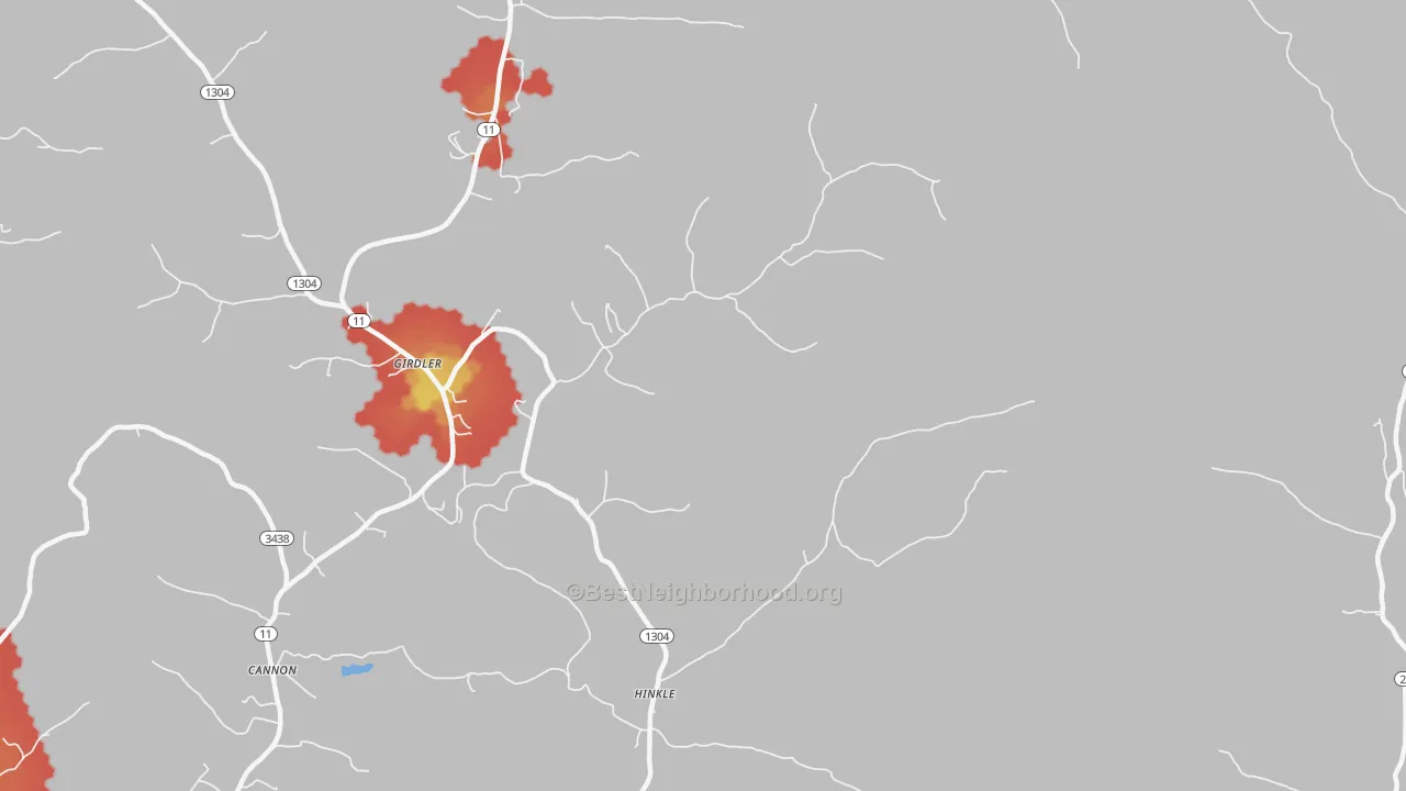 Walk Grade map of Hinkle, KY, walkable areas in green and car-dependent areas in red