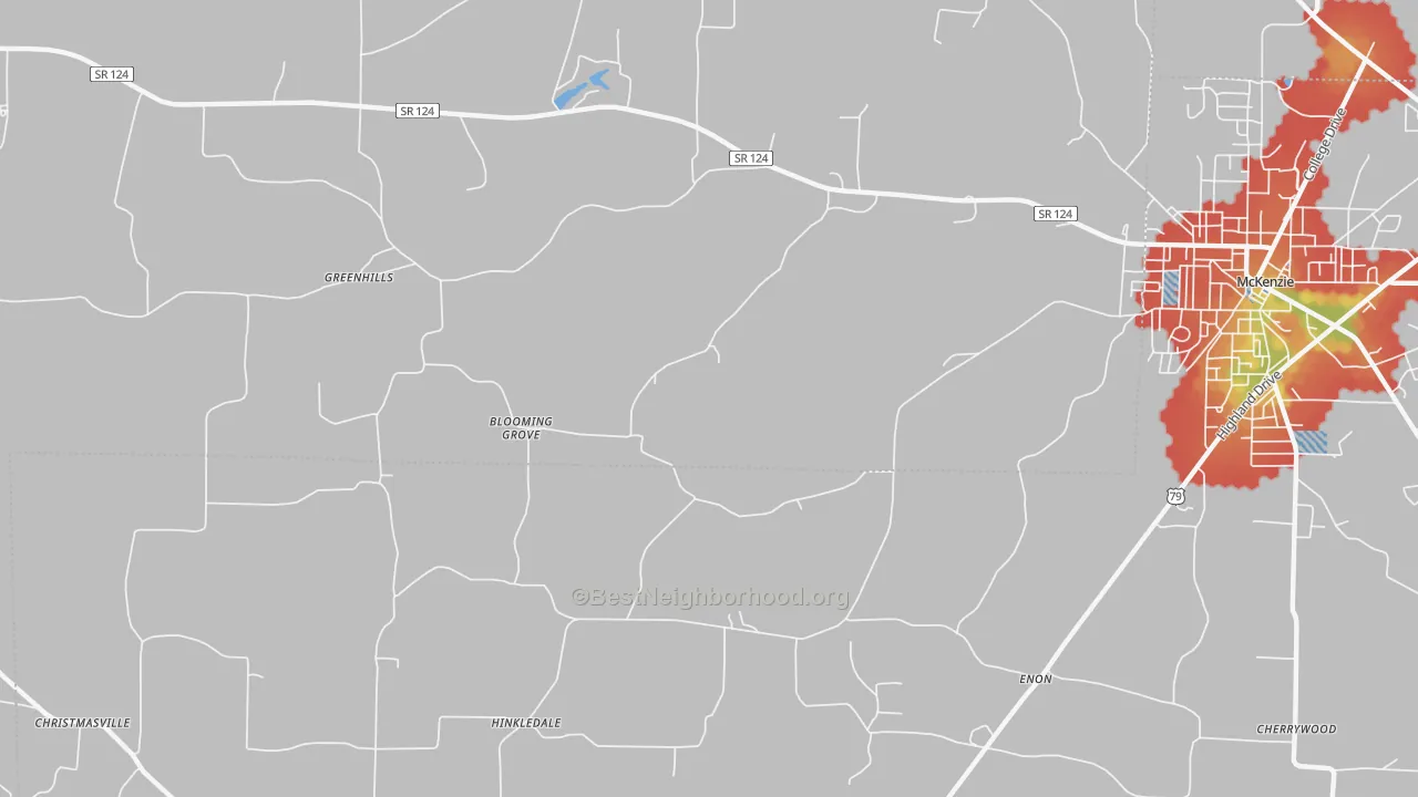 Walk Grade map of Hinkledale, TN, walkable areas in green and car-dependent areas in red