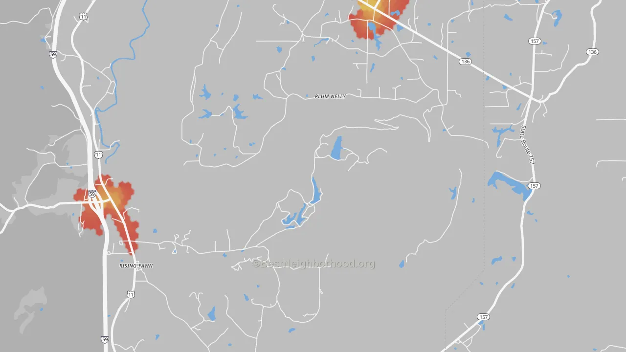 Walk Grade map of Hinkles, GA, walkable areas in green and car-dependent areas in red