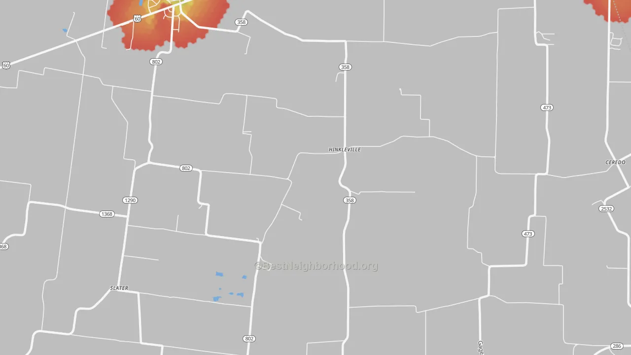 Walk Grade map of Hinkleville, KY, walkable areas in green and car-dependent areas in red