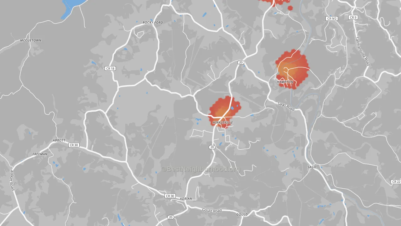 Walk Grade map of Hinkleville, WV, walkable areas in green and car-dependent areas in red