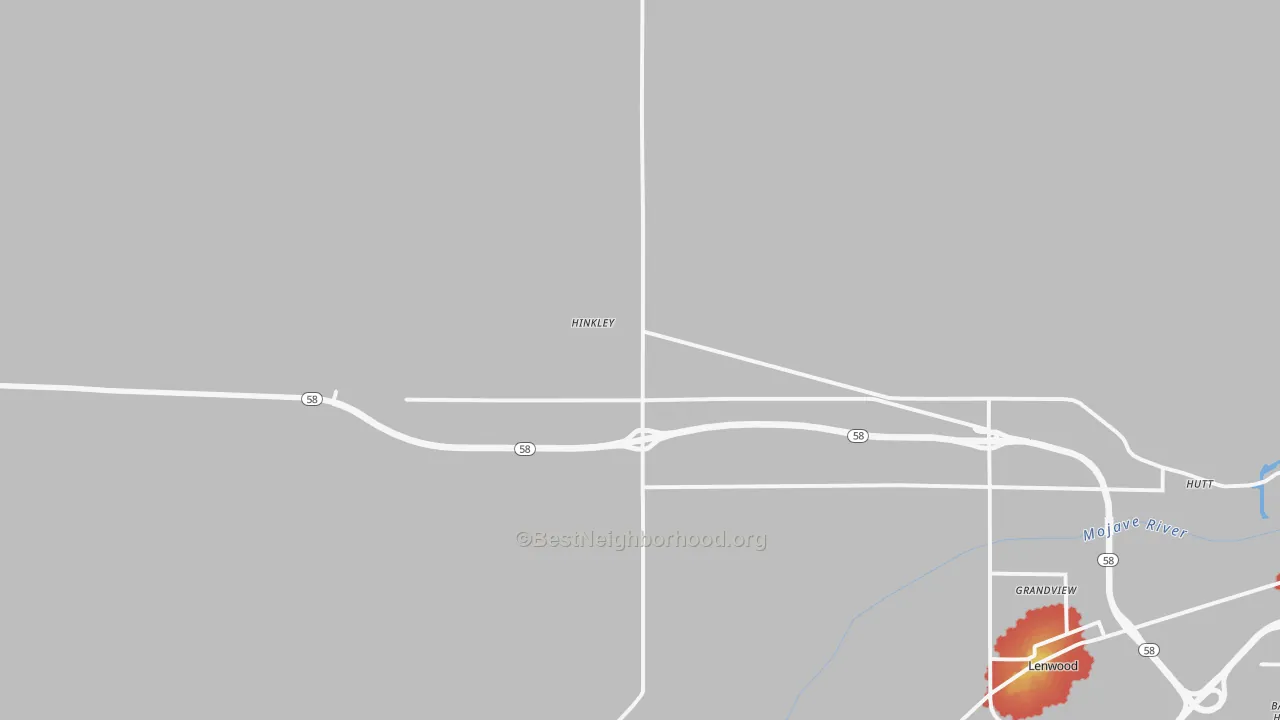 Walk Grade map of Hinkley, CA, walkable areas in green and car-dependent areas in red