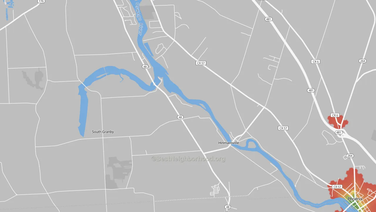 Walk Grade map of Hinmansville, NY, walkable areas in green and car-dependent areas in red