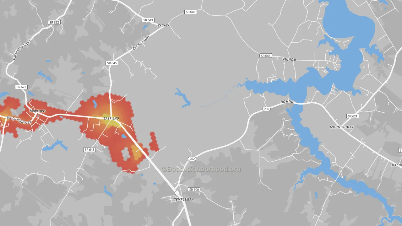 Walk Grade map of Hinnom, VA, walkable areas in green and car-dependent areas in red