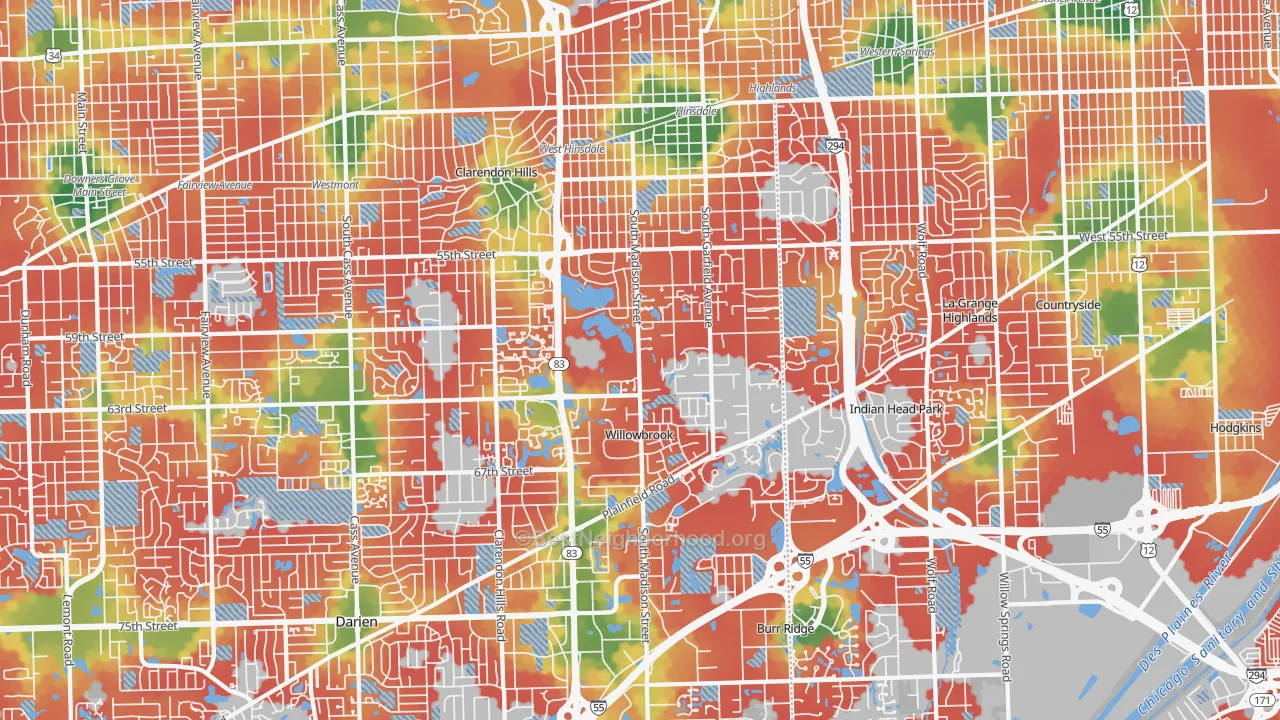 Walk Grade map of Hinsdale, IL, walkable areas in green and car-dependent areas in red