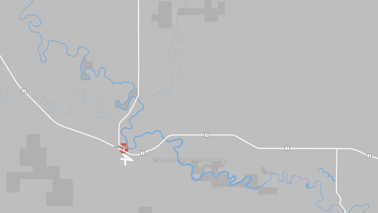 Walk Grade map of Hinsdale, MT, walkable areas in green and car-dependent areas in red