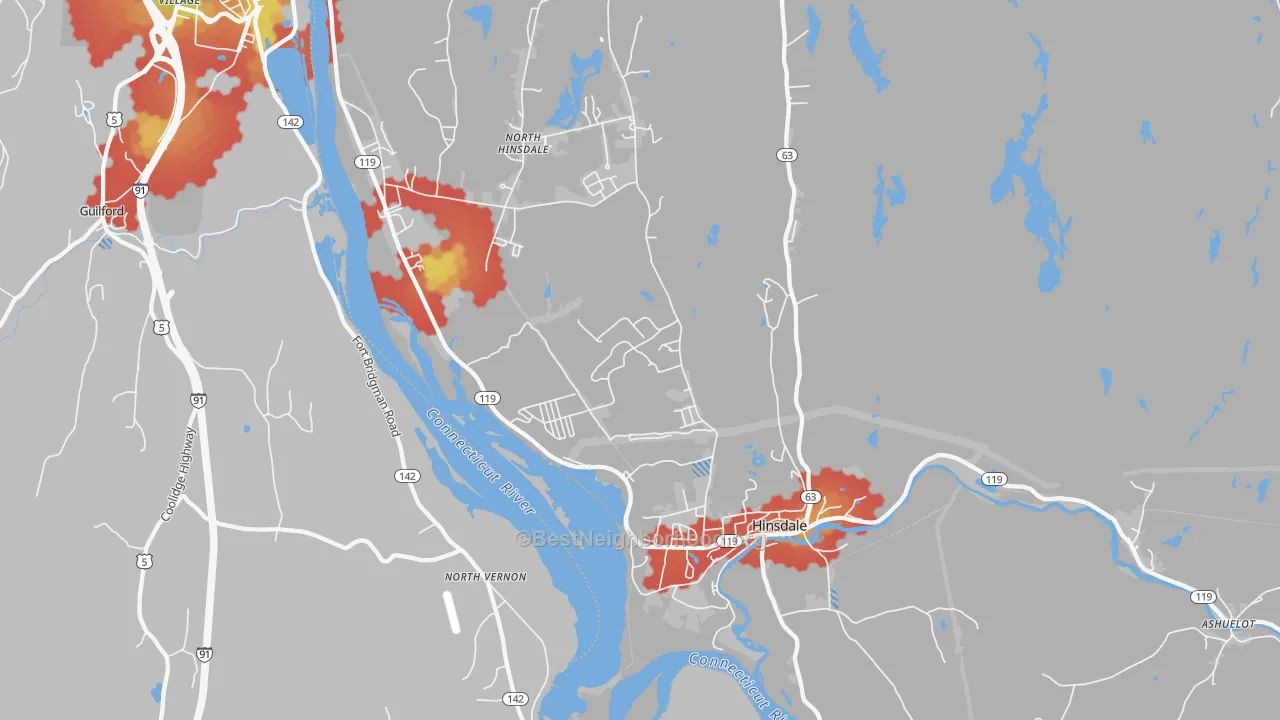 Walk Grade map of Hinsdale, NH, walkable areas in green and car-dependent areas in red