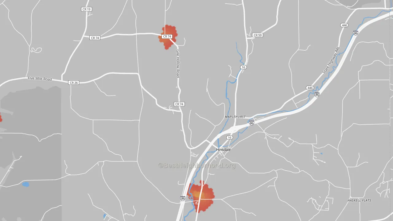 Walk Grade map of Hinsdale, NY, walkable areas in green and car-dependent areas in red