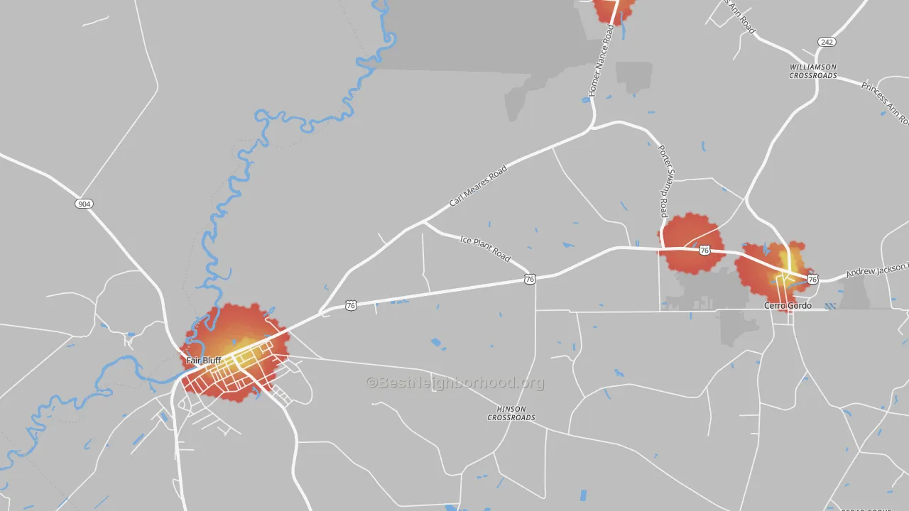 Walk Grade map of Hinson Crossroads, NC, walkable areas in green and car-dependent areas in red