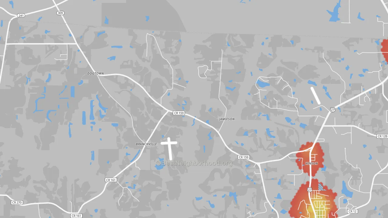 Walk Grade map of Hinson, FL, walkable areas in green and car-dependent areas in red