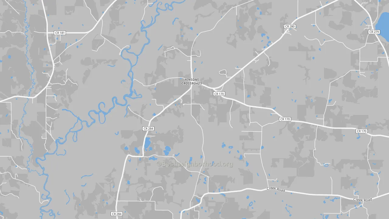 Walk Grade map of Hinsons Crossroads, FL, walkable areas in green and car-dependent areas in red