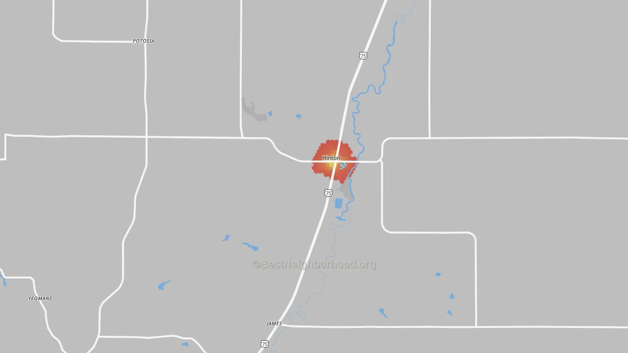 Walk Grade map of Hinton, IA, walkable areas in green and car-dependent areas in red