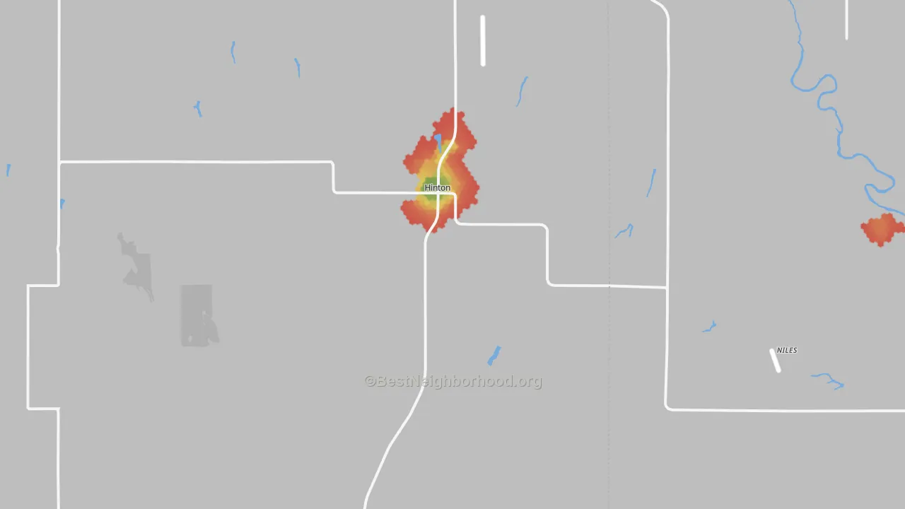 Walk Grade map of Hinton, OK, walkable areas in green and car-dependent areas in red