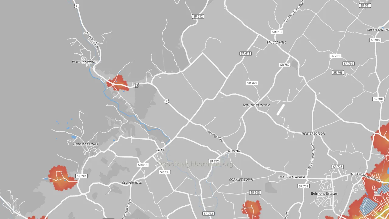 Walk Grade map of Hinton, VA, walkable areas in green and car-dependent areas in red