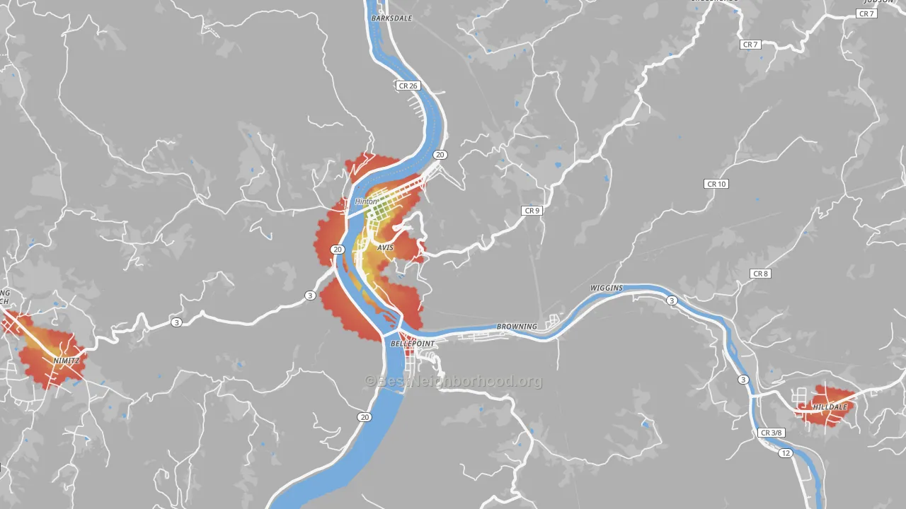 Walk Grade map of Hinton, WV, walkable areas in green and car-dependent areas in red