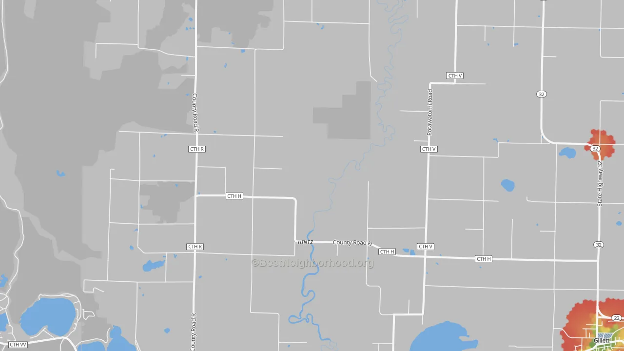 Walk Grade map of Hintz, WI, walkable areas in green and car-dependent areas in red