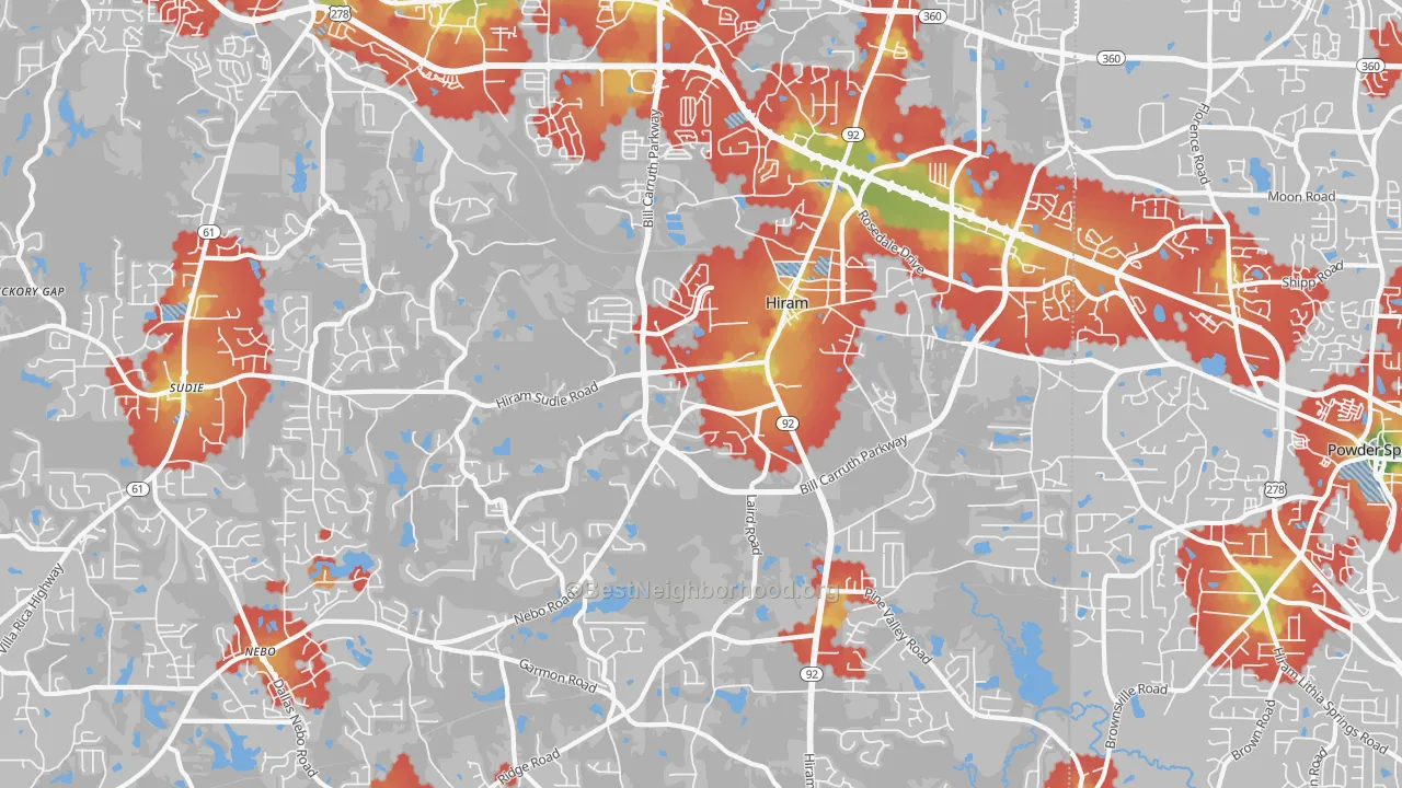 Walk Grade map of Hiram, GA, walkable areas in green and car-dependent areas in red