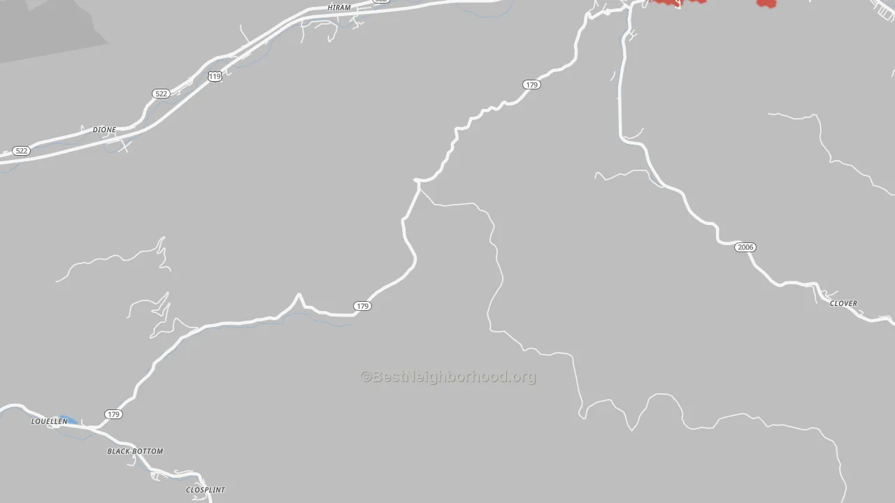 Walk Grade map of Hiram, KY, walkable areas in green and car-dependent areas in red