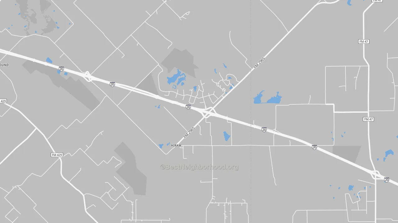 Walk Grade map of Hiram, TX, walkable areas in green and car-dependent areas in red