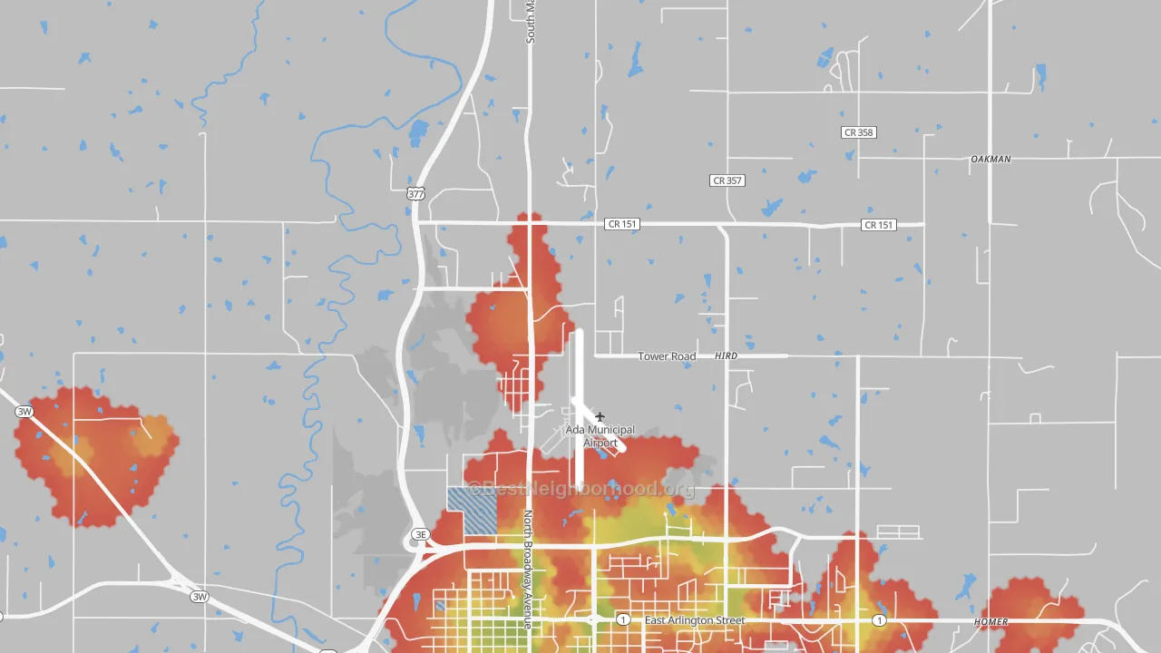 Walk Grade map of Hird, OK, walkable areas in green and car-dependent areas in red
