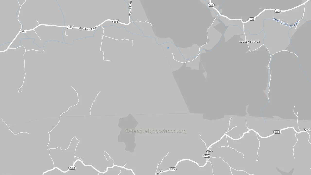 Walk Grade map of Hisel, KY, walkable areas in green and car-dependent areas in red