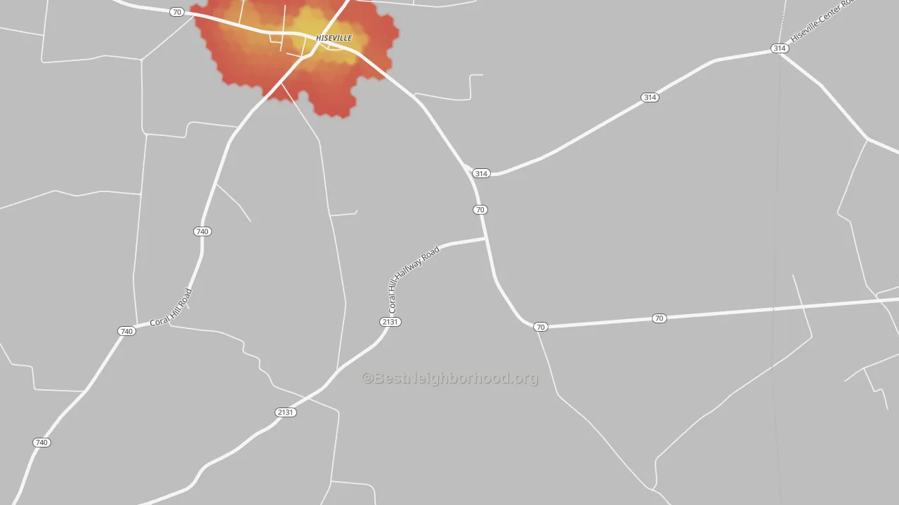 Walk Grade map of Hiseville, KY, walkable areas in green and car-dependent areas in red