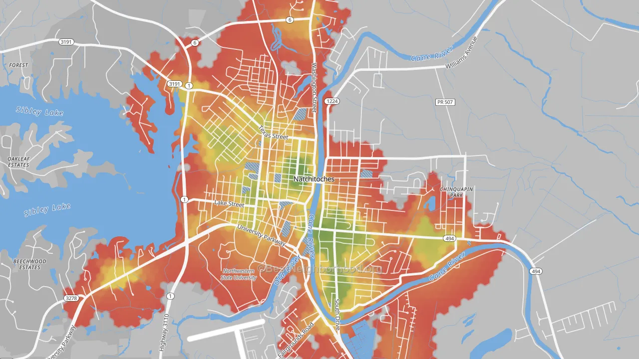 Walk Grade map of Historic District, Natchitoches, LA, walkable areas in green and car-dependent areas in red