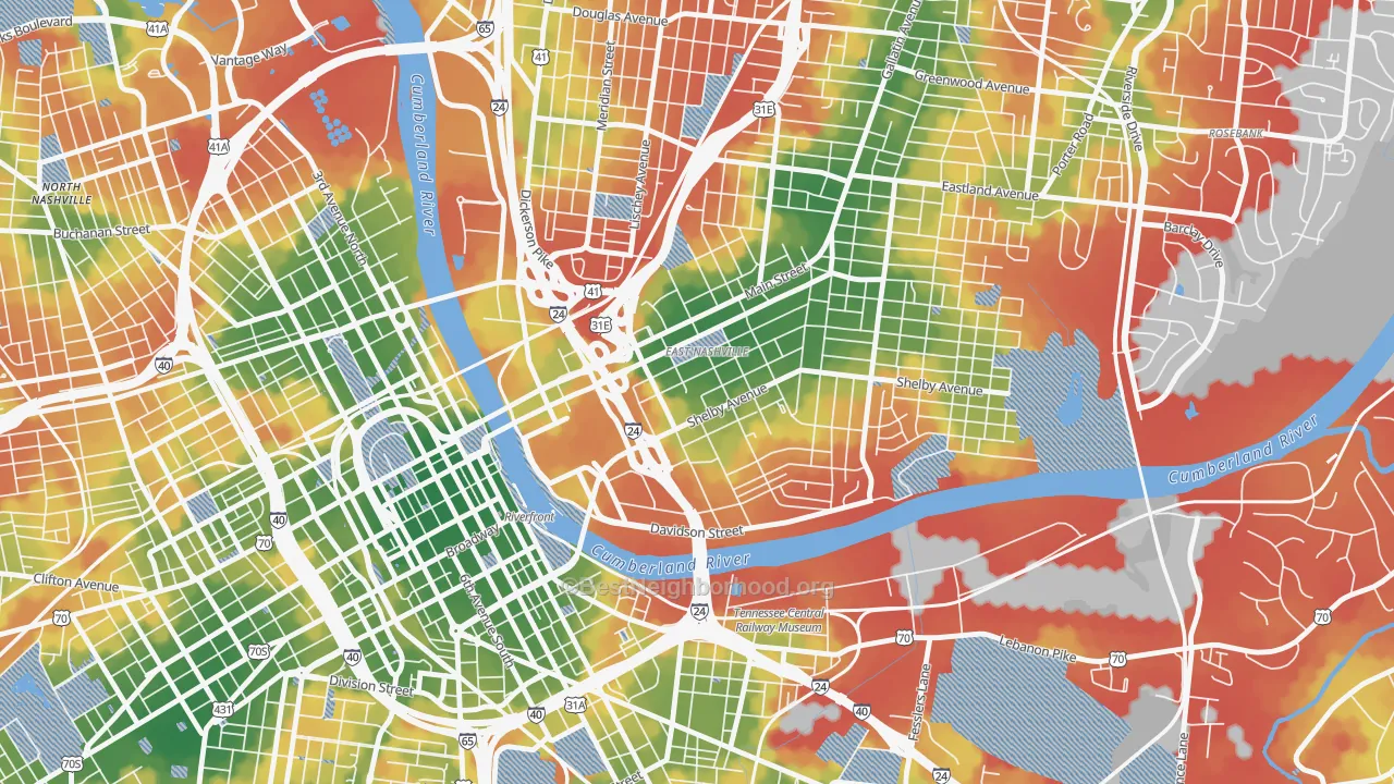 Walk Grade map of Historic Edgefield, Nashville, TN, walkable areas in green and car-dependent areas in red
