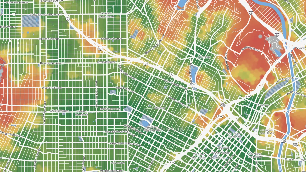 Walk Grade map of Historic Filipinotown, Los Angeles, CA, walkable areas in green and car-dependent areas in red