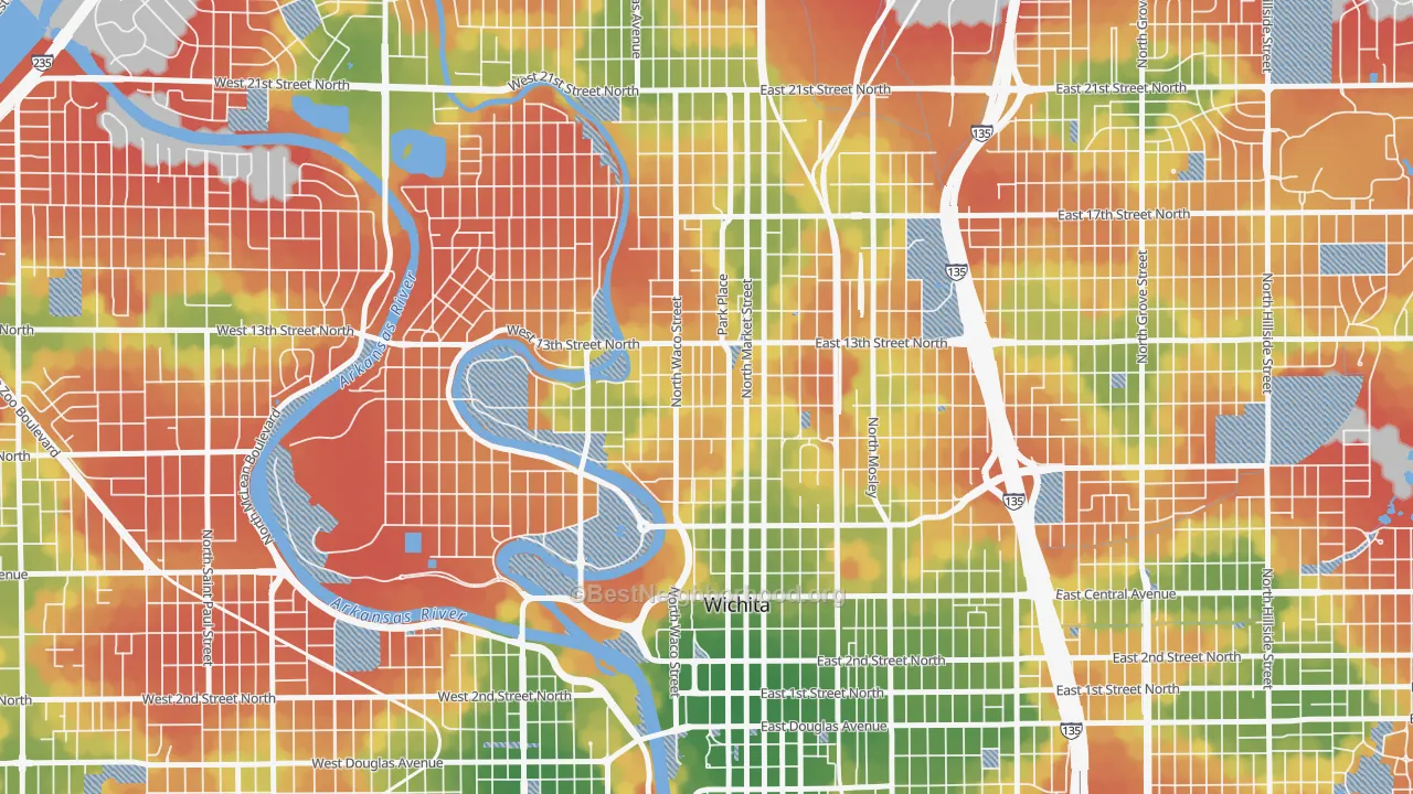 Walk Grade map of Historic Midtown, Wichita, KS, walkable areas in green and car-dependent areas in red
