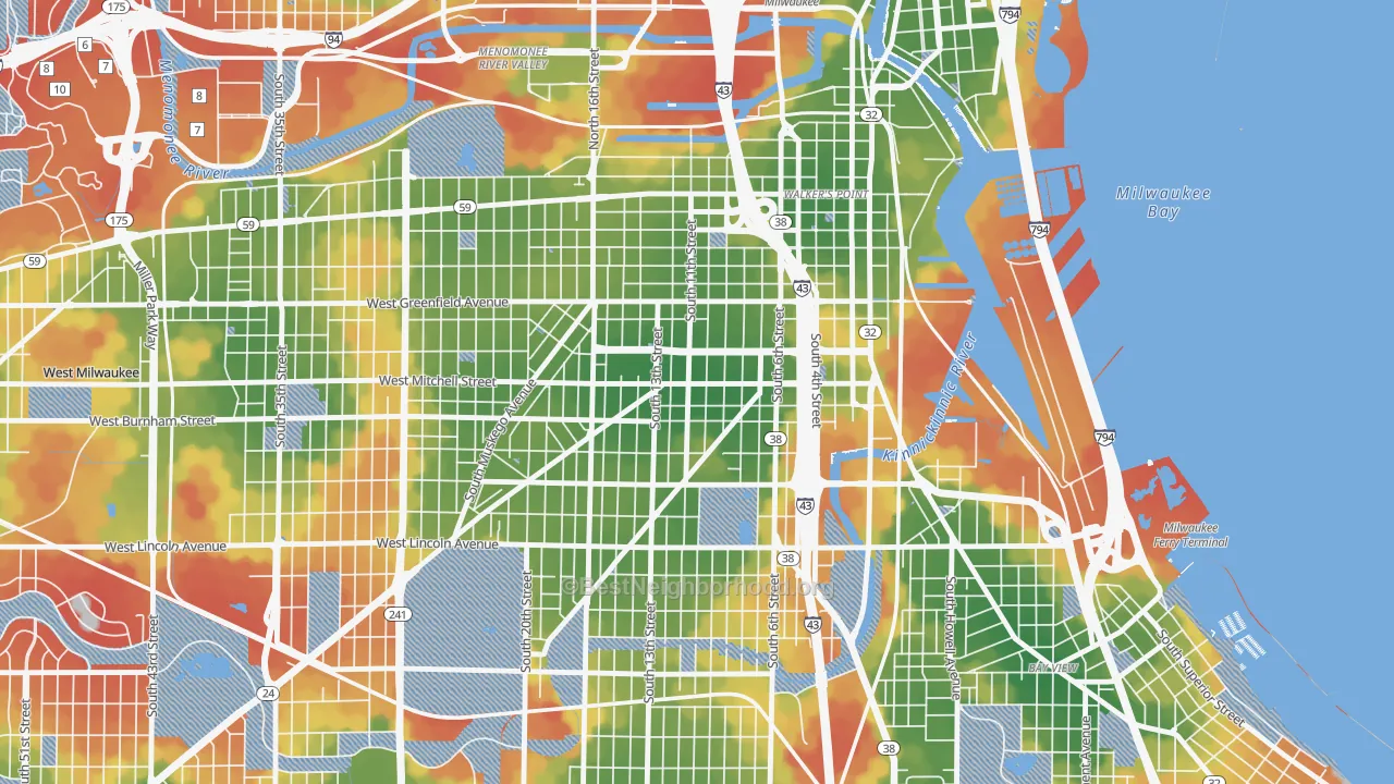 Walk Grade map of Historic Mitchell Street, Milwaukee, WI, walkable areas in green and car-dependent areas in red