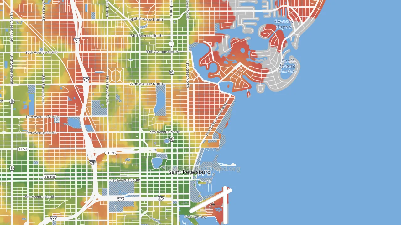 Walk Grade map of Historic Old Northeast, St. Petersburg, FL, walkable areas in green and car-dependent areas in red