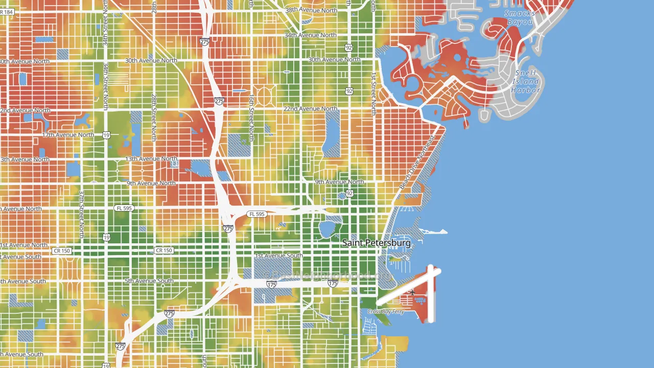 Walk Grade map of Historic Uptown, St. Petersburg, FL, walkable areas in green and car-dependent areas in red