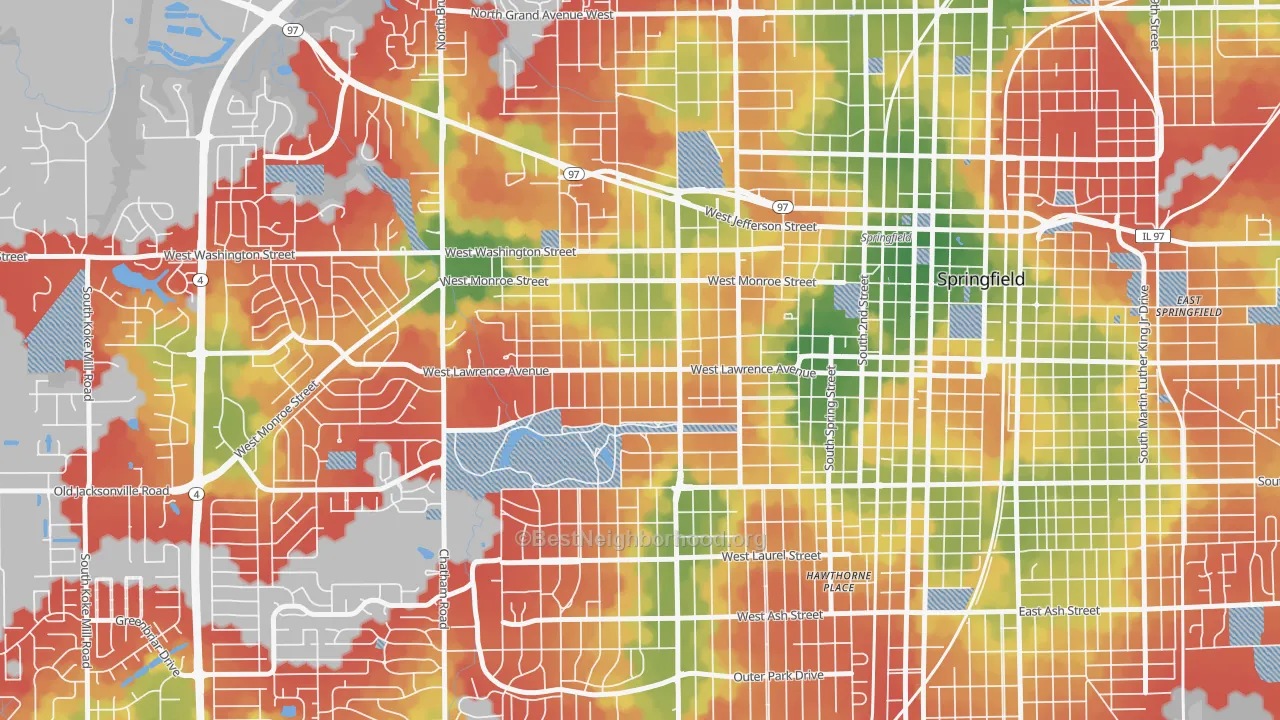 Walk Grade map of Historic West-Side, Springfield, IL, walkable areas in green and car-dependent areas in red