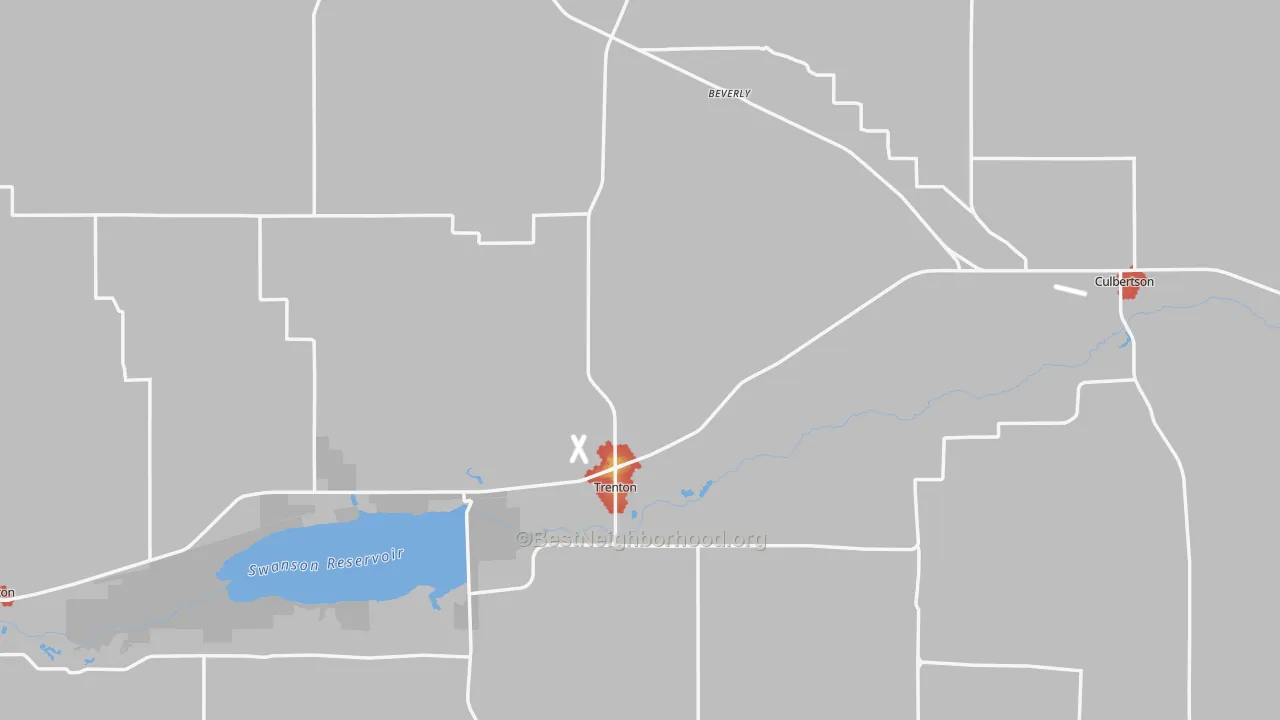 Walk Grade map of Hitchcock County, NE, walkable areas in green and car-dependent areas in red