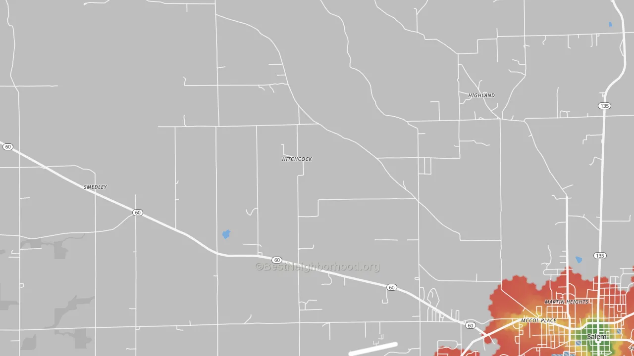 Walk Grade map of Hitchcock, IN, walkable areas in green and car-dependent areas in red