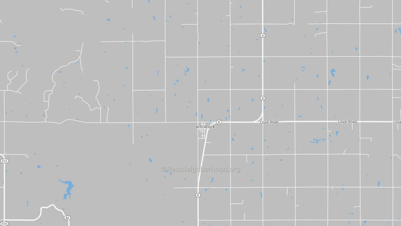 Walk Grade map of Hitchcock, OK, walkable areas in green and car-dependent areas in red