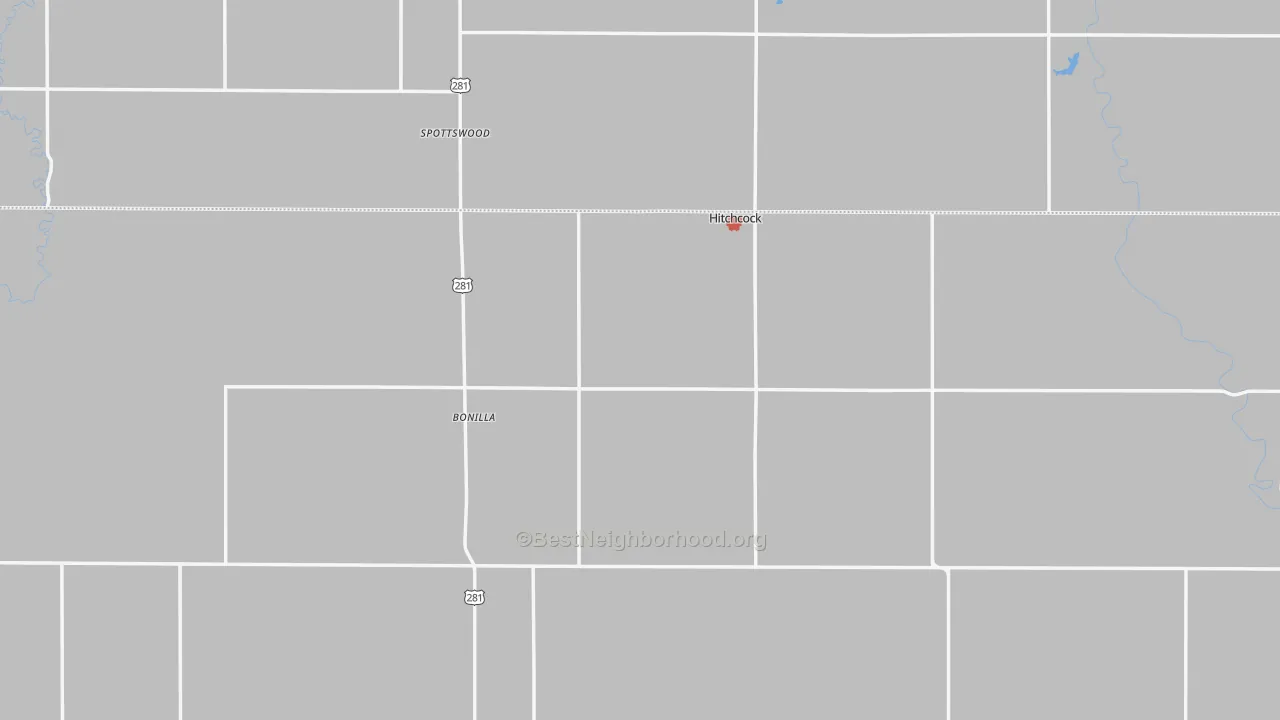 Walk Grade map of Hitchcock, SD, walkable areas in green and car-dependent areas in red